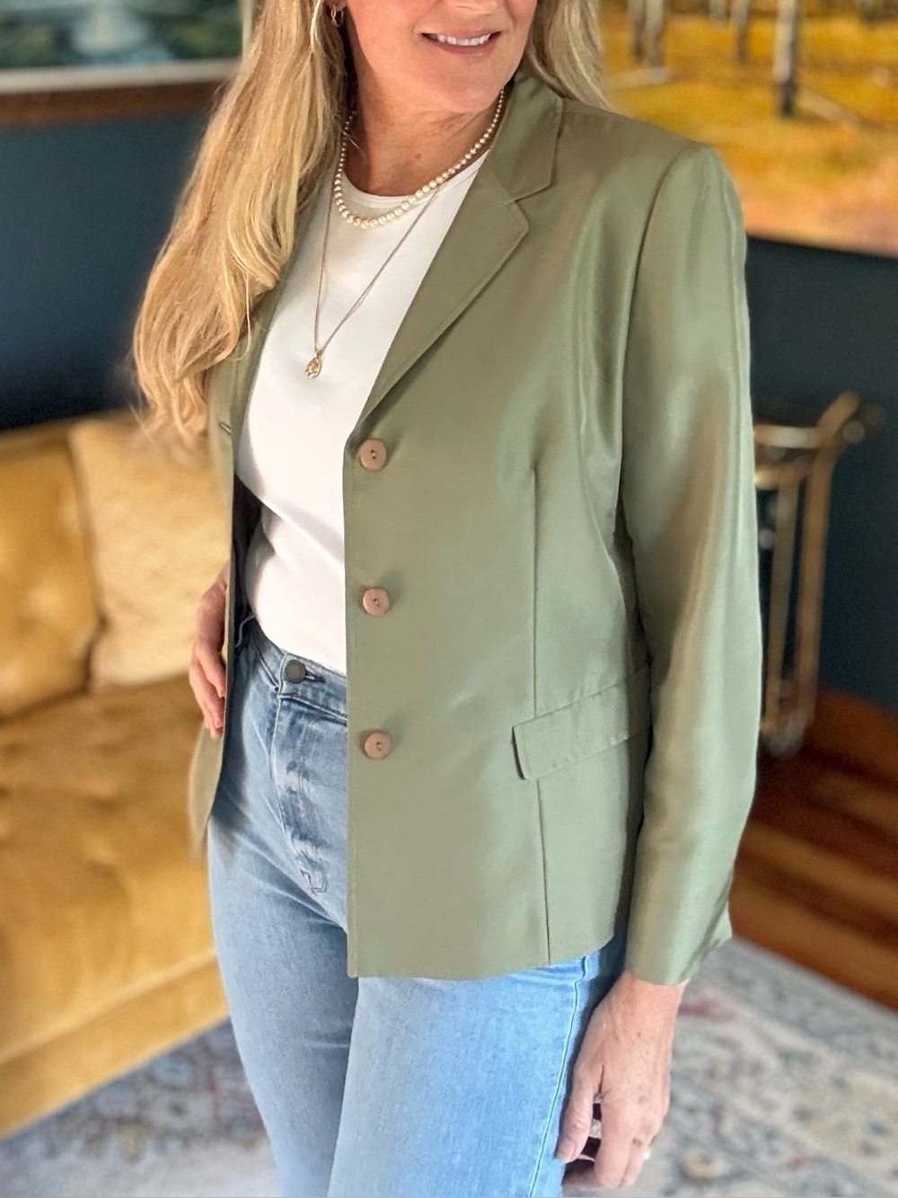 Judith Hart 100% Silk Blazer Jacket Olive Sage Green Tailored Petite 14P Classic